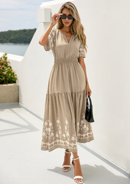 Floral A-Line Flowy Maxi Dress - Short Sleeve, V-Neck, Boho - photo 23