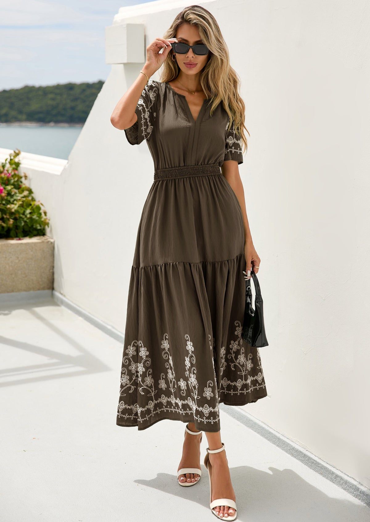 Floral A-Line Flowy Maxi Dress - Short Sleeve, V-Neck, Boho - photo 47