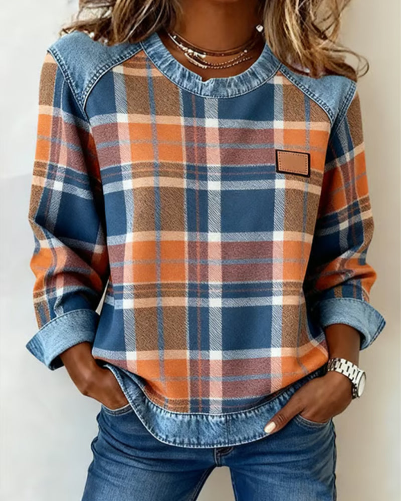 Sweatshirt with Checkered Patchwork