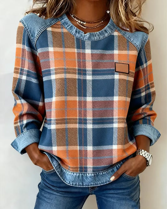 Sweatshirt with Checkered Patchwork