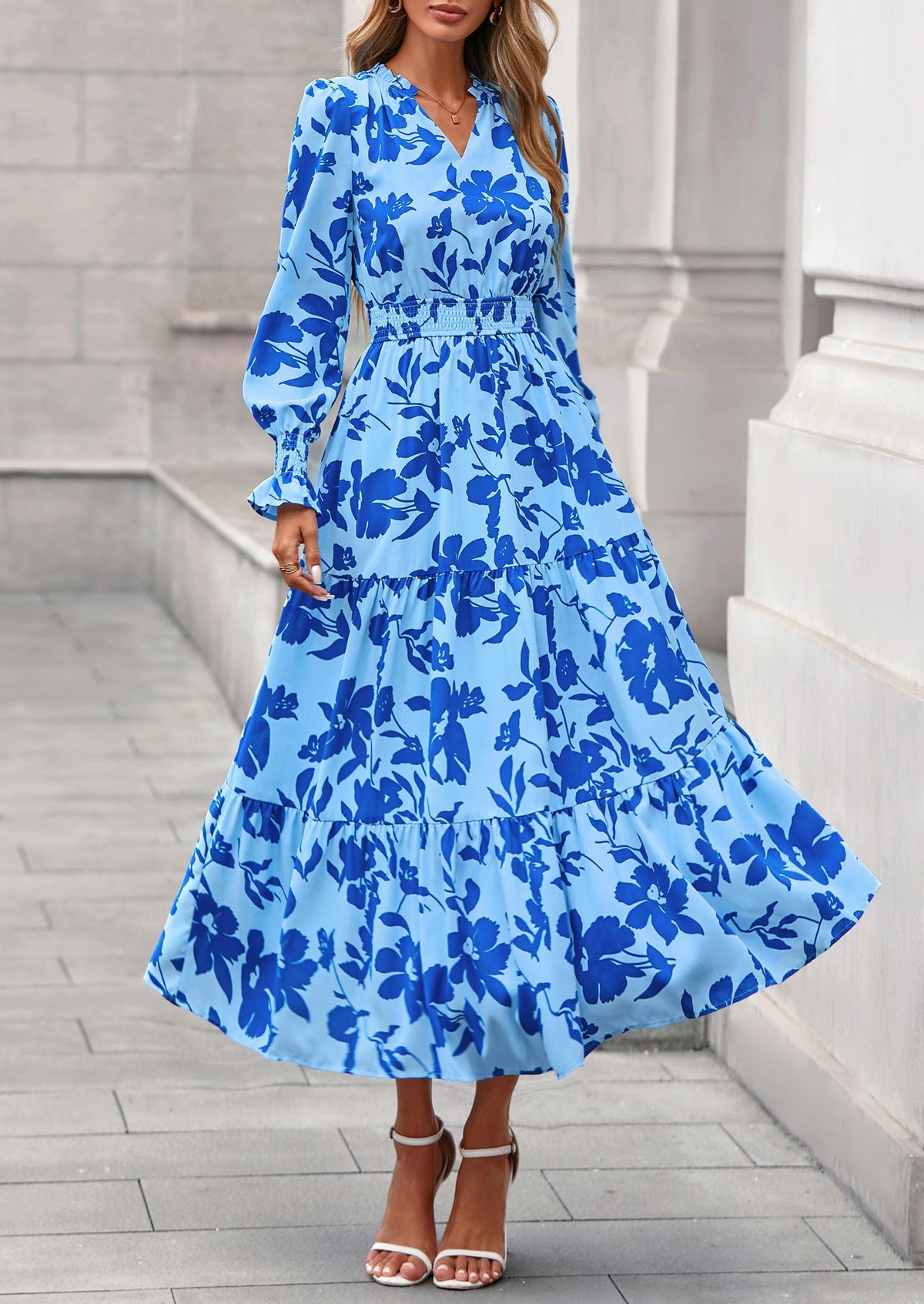 Floral A-Line Flowy Maxi Dress - Long Sleeve, V-Neck, Casual - photo 69