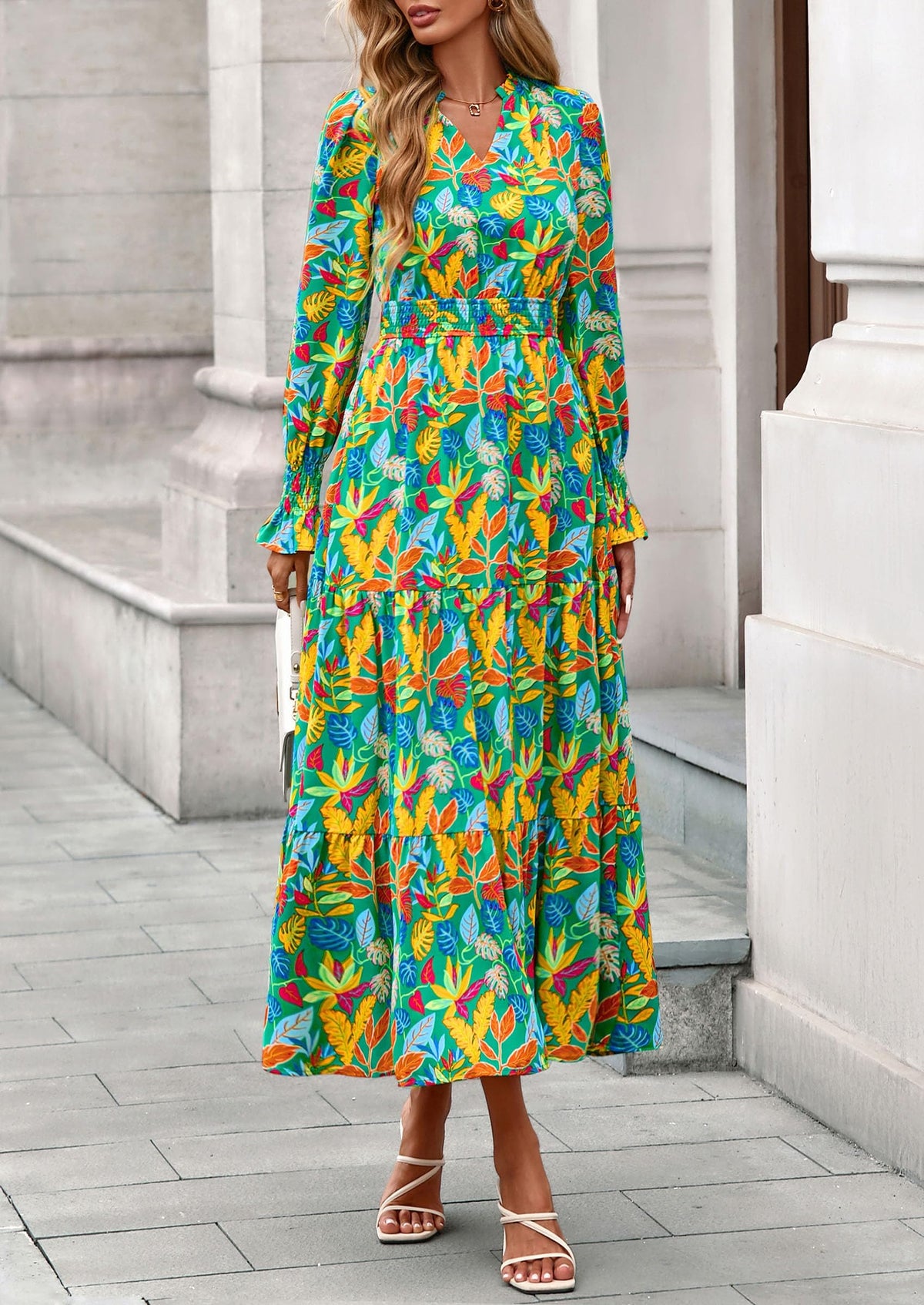 Floral A-Line Flowy Maxi Dress - Long Sleeve, V-Neck, Casual - photo 109