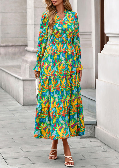 Floral A-Line Flowy Maxi Dress - Long Sleeve, V-Neck, Casual - photo 109