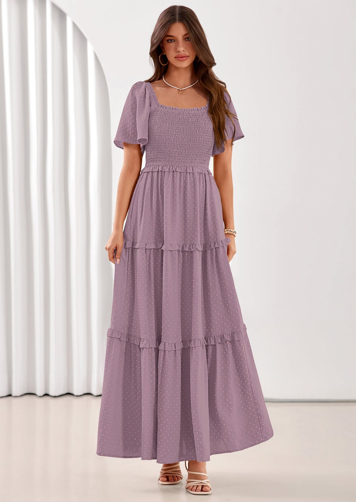 Swiss Dot Smocked Maxi Dress - Short Sleeve, Square Neck, Boho - photo 26