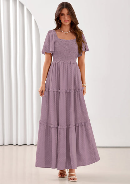 Swiss Dot Smocked Maxi Dress - Short Sleeve, Square Neck, Boho - photo 26