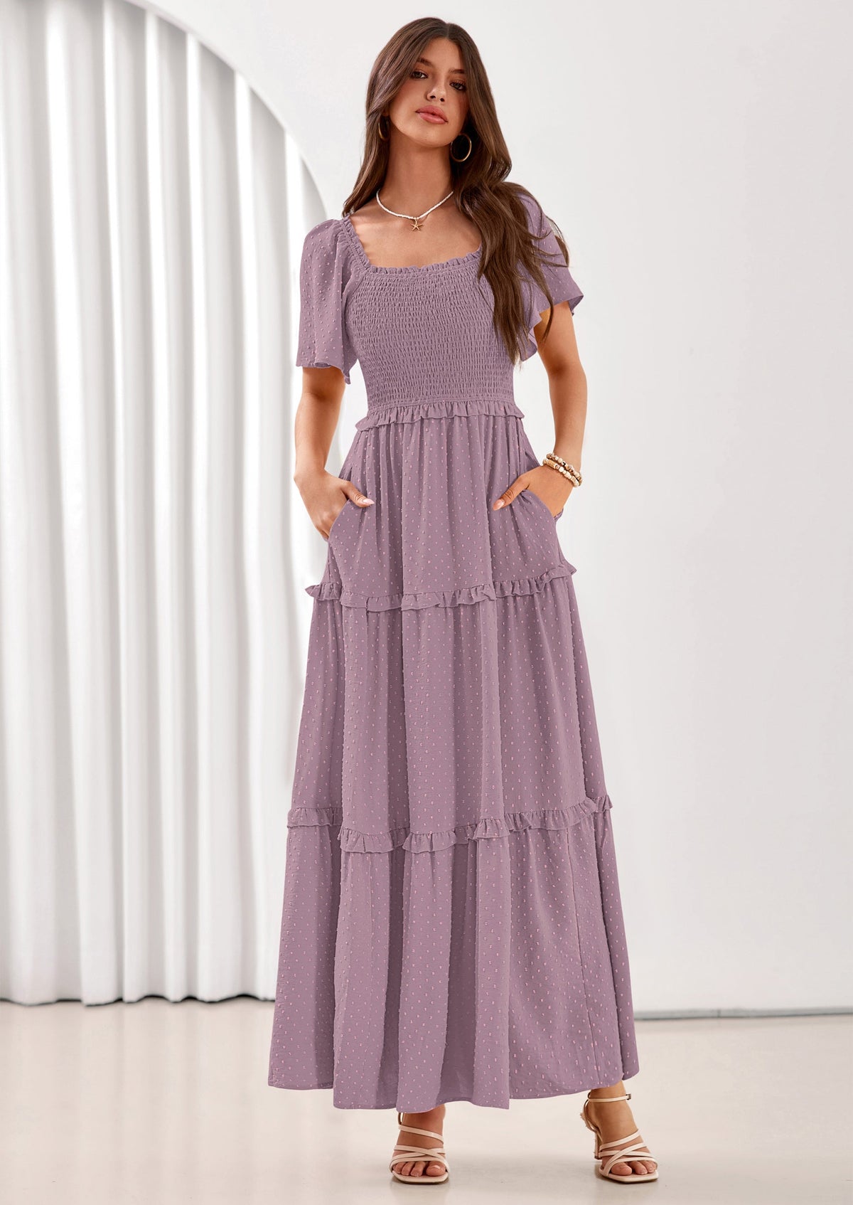 Swiss Dot Smocked Maxi Dress - Short Sleeve, Square Neck, Boho - photo 29
