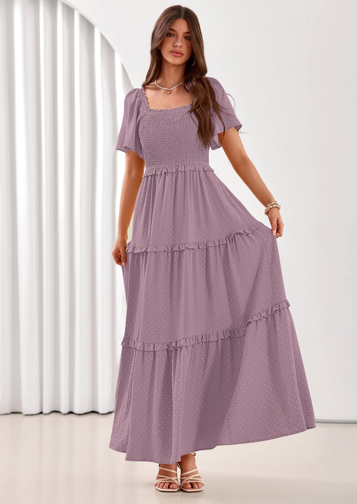 Swiss Dot Smocked Maxi Dress - Short Sleeve, Square Neck, Boho - photo 31