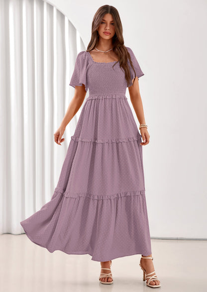 Swiss Dot Smocked Maxi Dress - Short Sleeve, Square Neck, Boho - photo 30
