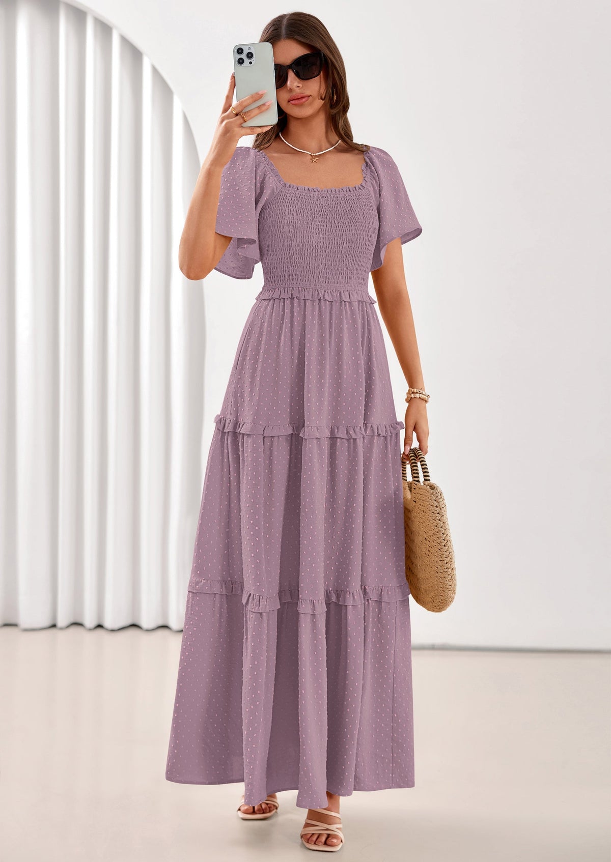 Swiss Dot Smocked Maxi Dress - Short Sleeve, Square Neck, Boho - photo 28