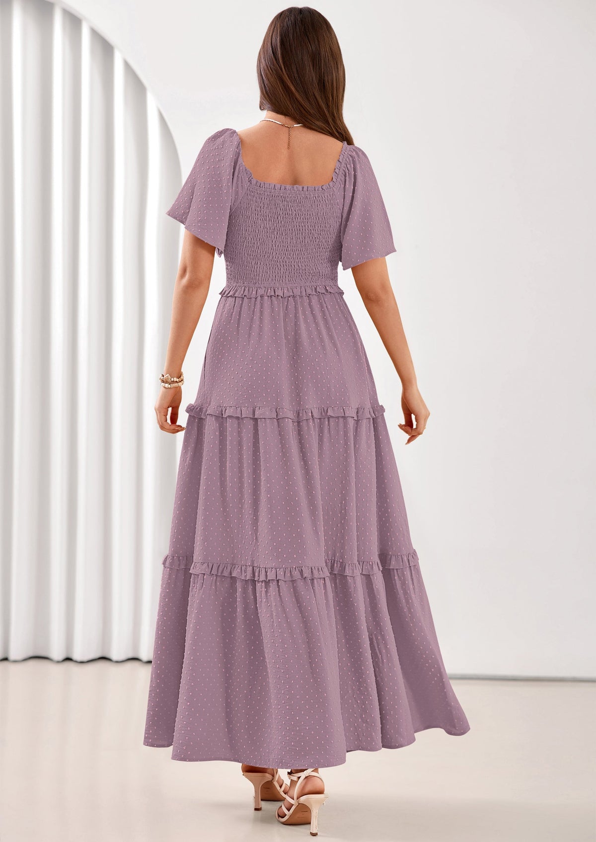 Swiss Dot Smocked Maxi Dress - Short Sleeve, Square Neck, Boho - photo 27