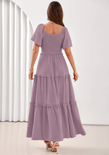 Swiss Dot Smocked Maxi Dress - Short Sleeve, Square Neck, Boho - photo 27