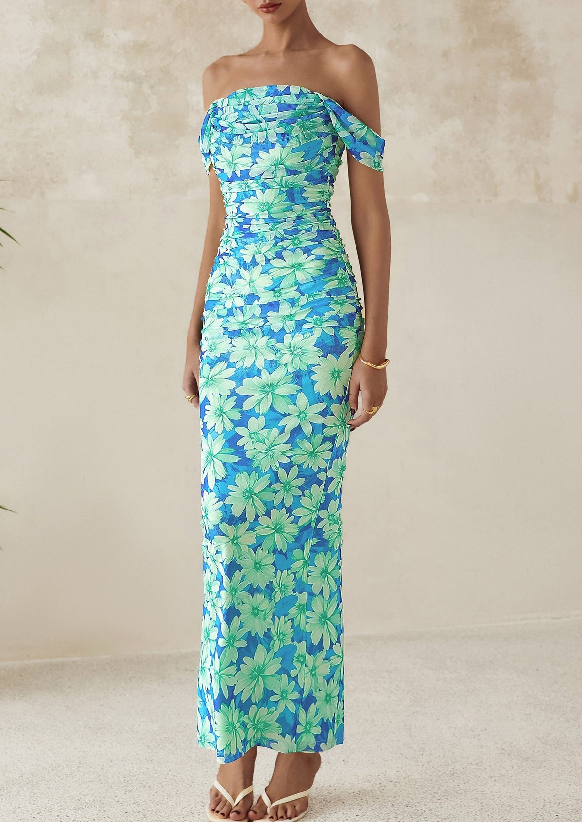 Floral Mesh Ruched Maxi Dress - Off-Shoulder, Cocktail - photo 41