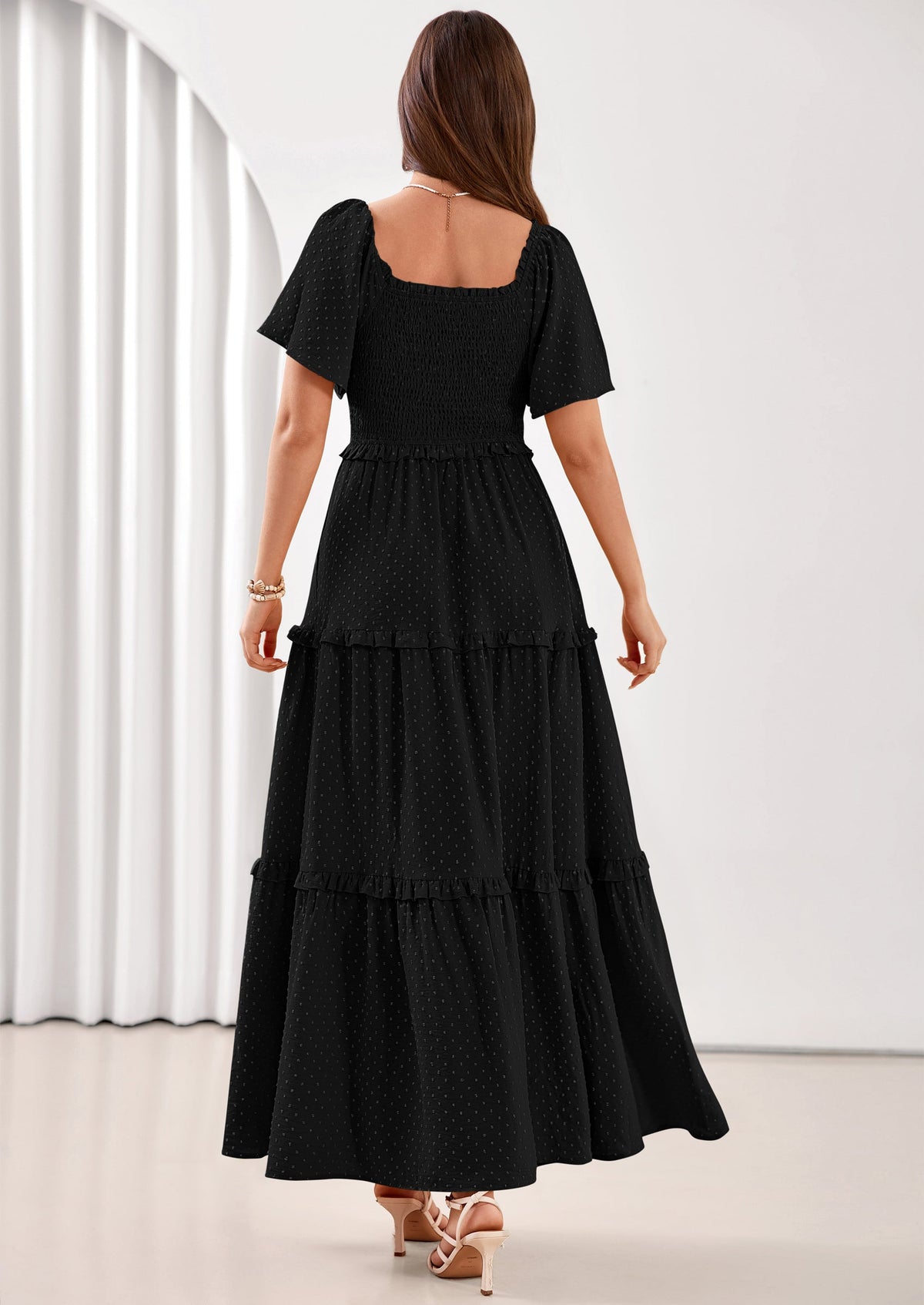 Swiss Dot Smocked Maxi Dress - Short Sleeve, Square Neck, Boho - photo 9