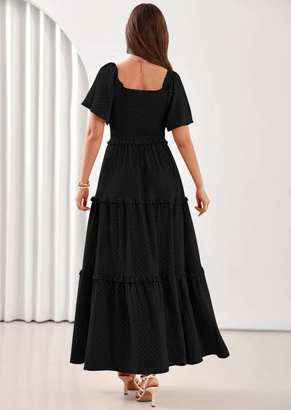 Swiss Dot Smocked Maxi Dress - Short Sleeve, Square Neck, Boho - photo 9