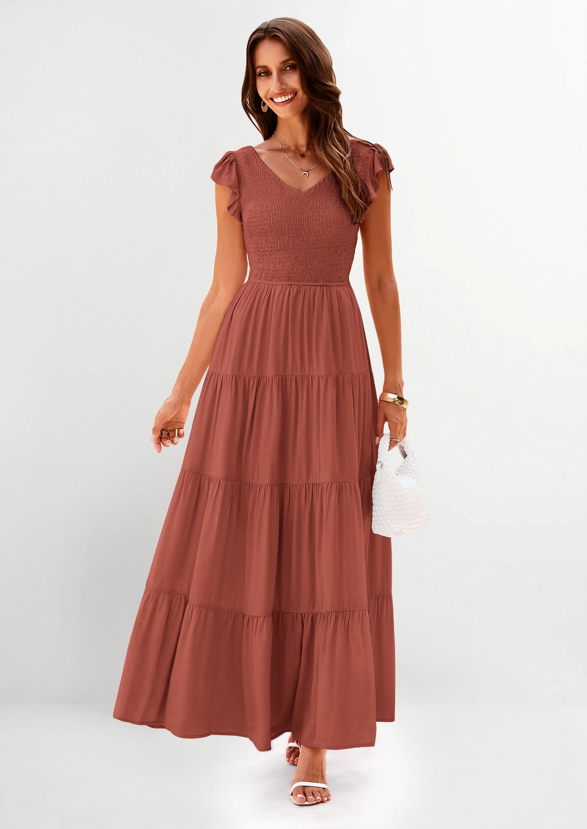 Flowy Smocked Maxi Dress - Cap Sleeve, V-Neck, Casual - photo 26