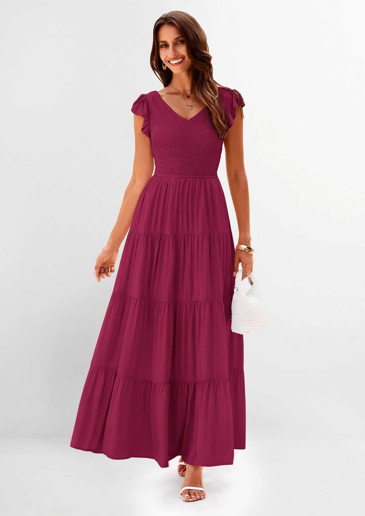 Flowy Smocked Maxi Dress - Cap Sleeve, V-Neck, Casual - photo 68