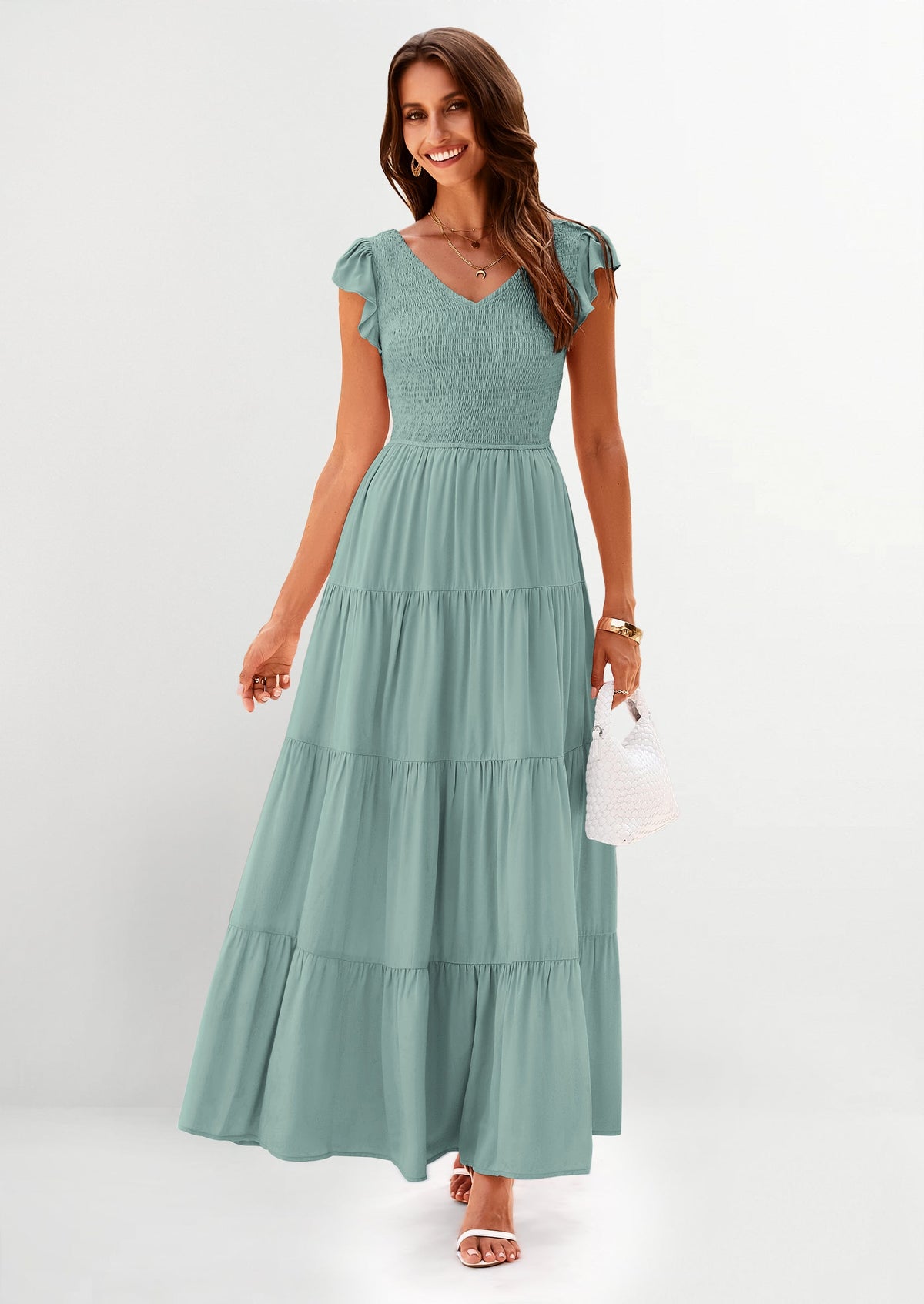 Flowy Smocked Maxi Dress - Cap Sleeve, V-Neck, Casual - photo 38
