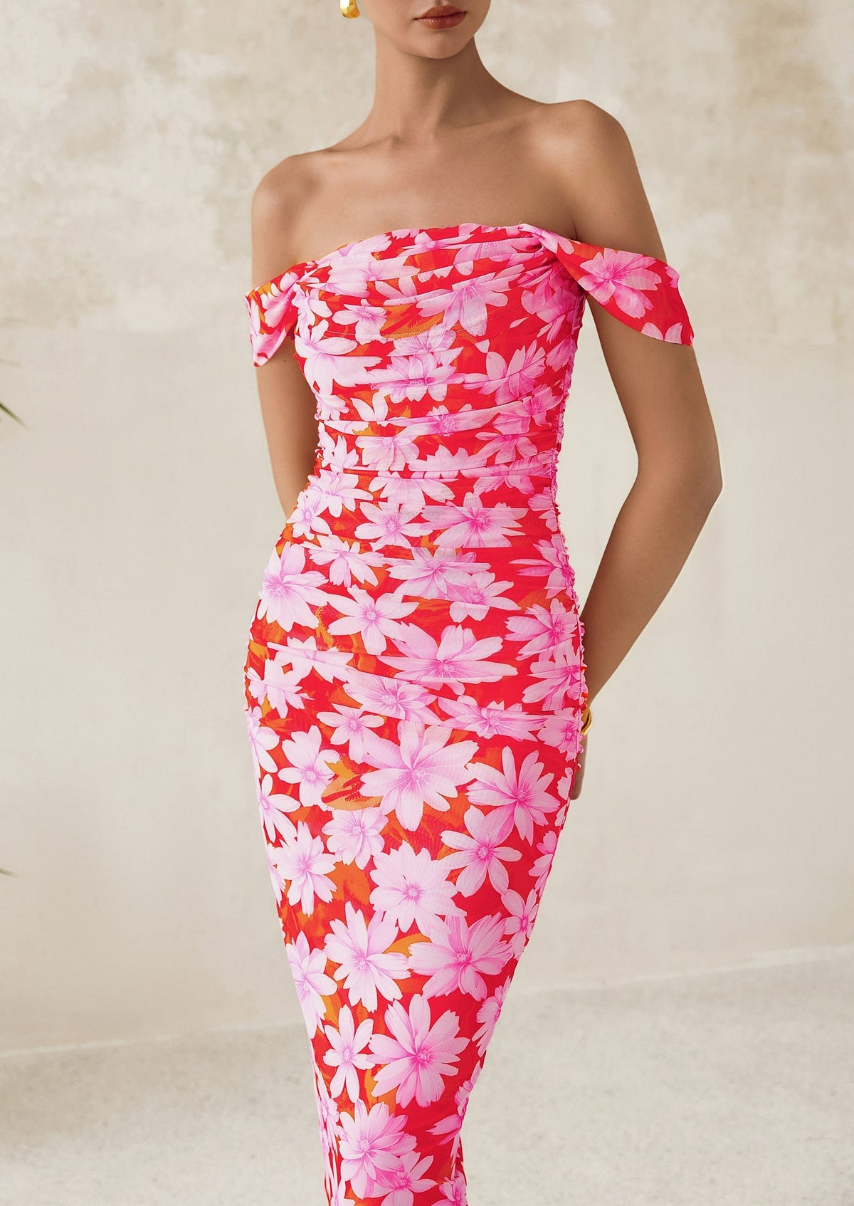 Floral Mesh Ruched Maxi Dress - Off-Shoulder, Cocktail - photo 11