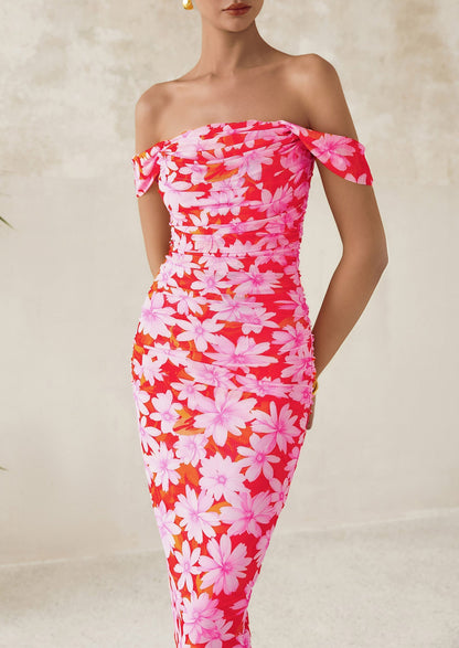 Floral Mesh Ruched Maxi Dress - Off-Shoulder, Cocktail - photo 11