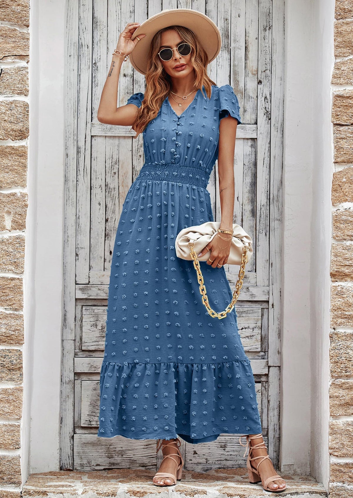 Blue Swiss Dot Tiered Smocked Maxi Dress - Short Sleeve, photo 1