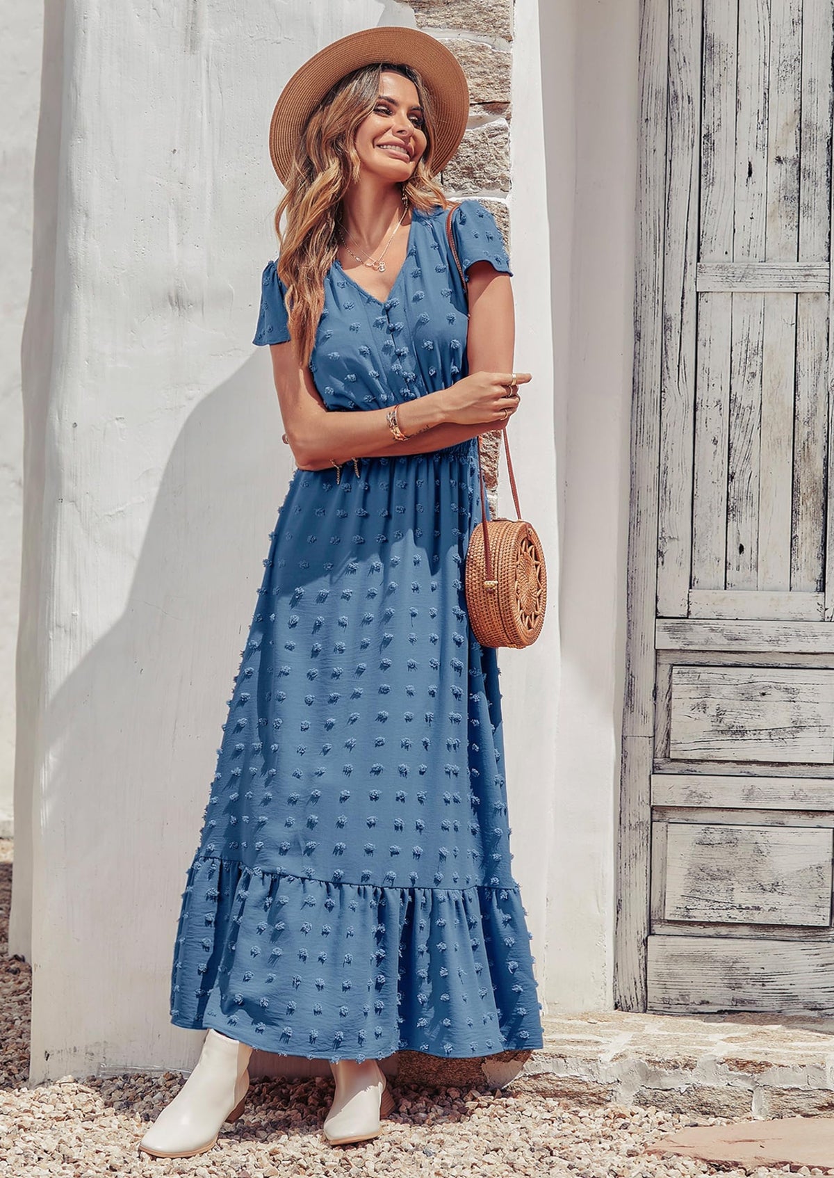 Blue Swiss Dot Tiered Smocked Maxi Dress - Short Sleeve, photo 3