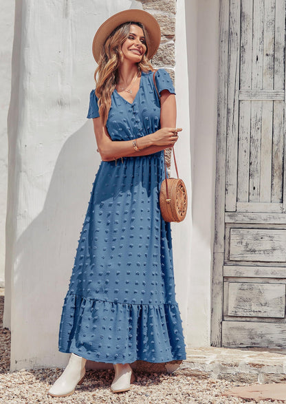 Blue Swiss Dot Tiered Smocked Maxi Dress - Short Sleeve, photo 3