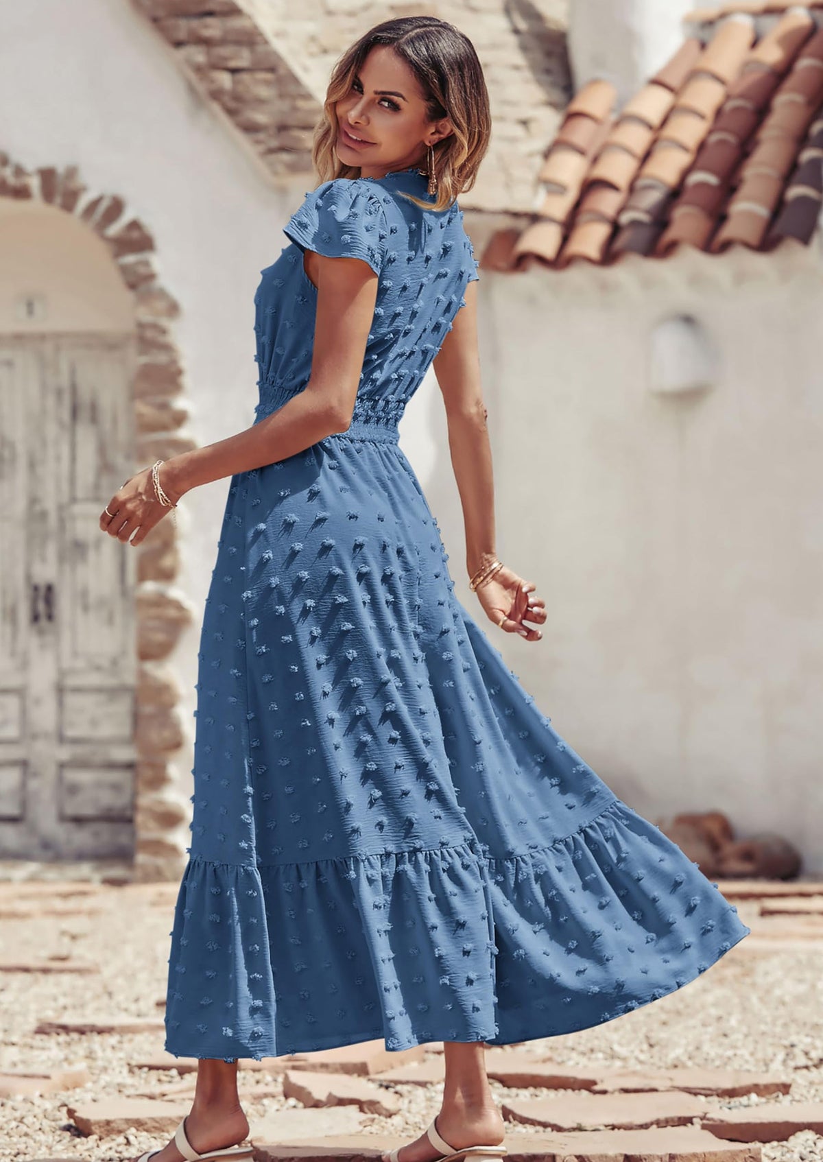 Blue Swiss Dot Tiered Smocked Maxi Dress - Short Sleeve, photo 2