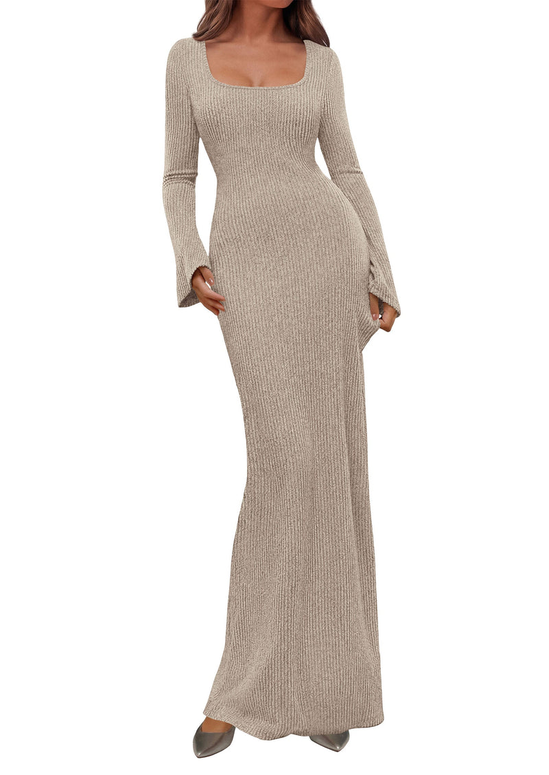 Ribbed Knit Bodycon Mermaid Maxi Dress - Long Sleeve, Square - Photo 1