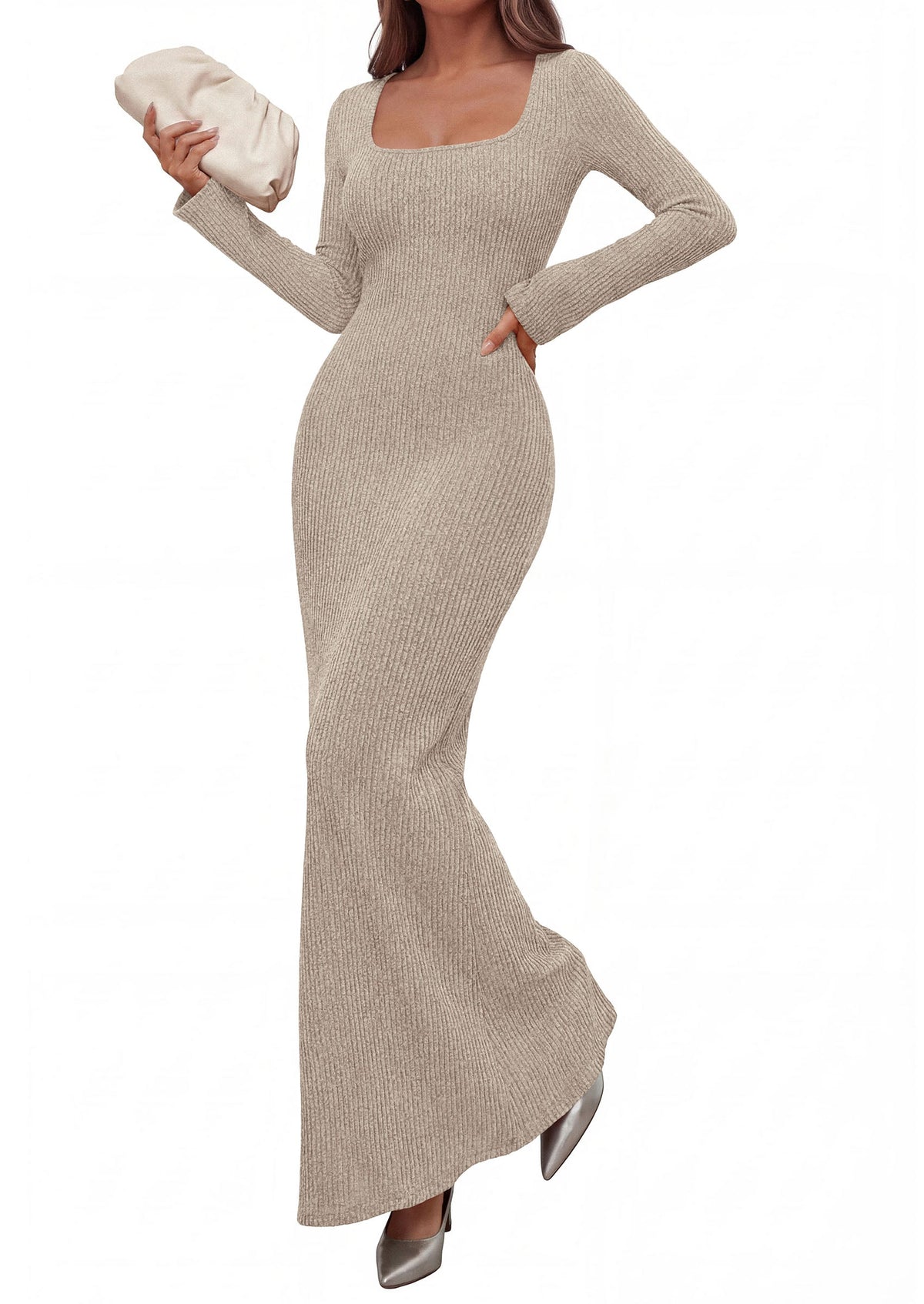 Ribbed Knit Bodycon Mermaid Maxi Dress - Long Sleeve, Square - Photo 2