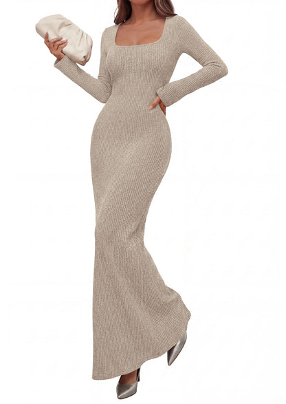 Ribbed Knit Bodycon Mermaid Maxi Dress - Long Sleeve, Square - Photo 2