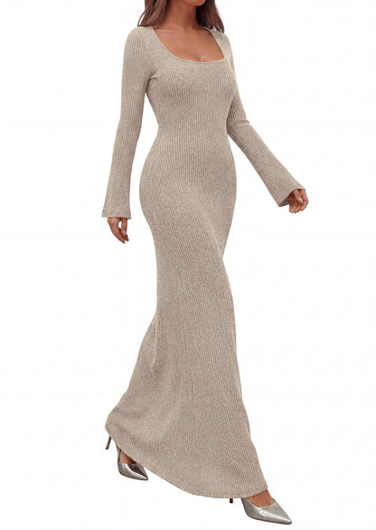 Ribbed Knit Bodycon Mermaid Maxi Dress - Long Sleeve, Square - Photo 4