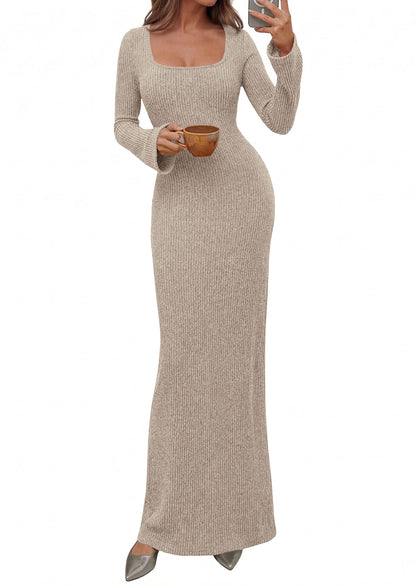 Ribbed Knit Bodycon Mermaid Maxi Dress - Long Sleeve, Square - Photo 5