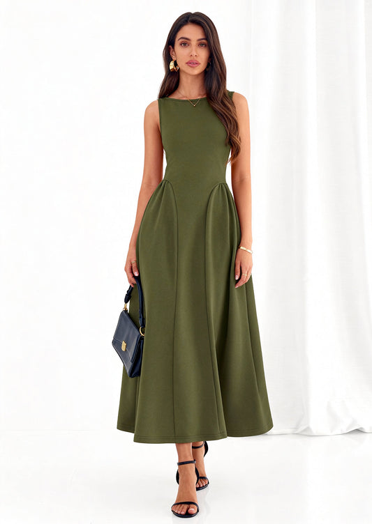 Army Green A-Line Maxi Dress - Sleeveless, Crewneck, Formal - photo 1