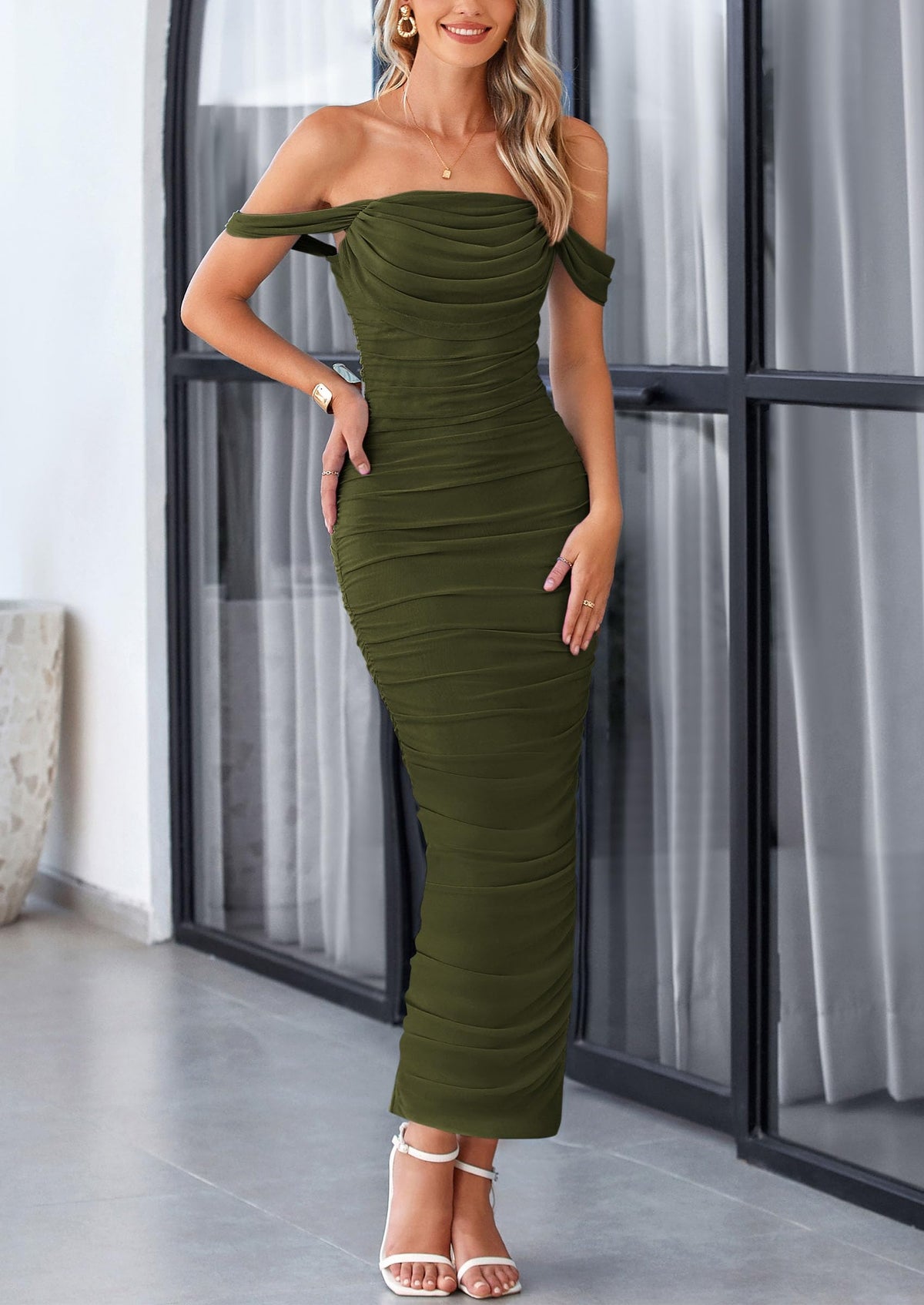 Ruched Bodycon Maxi Dress - Off-Shoulder, Cocktail - photo 20