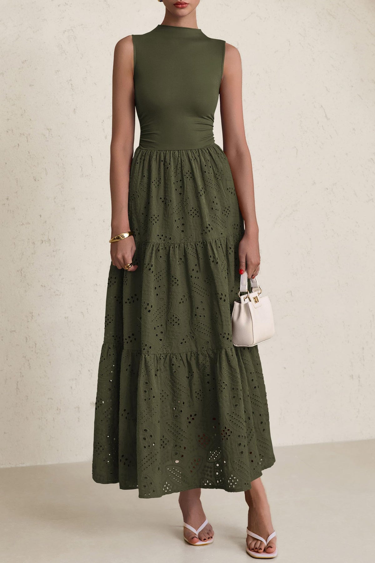 Eyelet Maxi Dress - Sleeveless, Mock Neck, Casual - photo 17