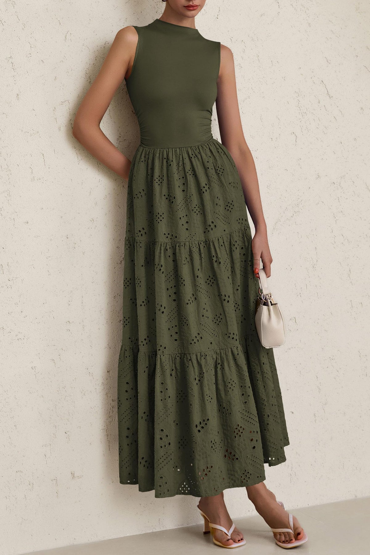 Eyelet Maxi Dress - Sleeveless, Mock Neck, Casual - photo 18
