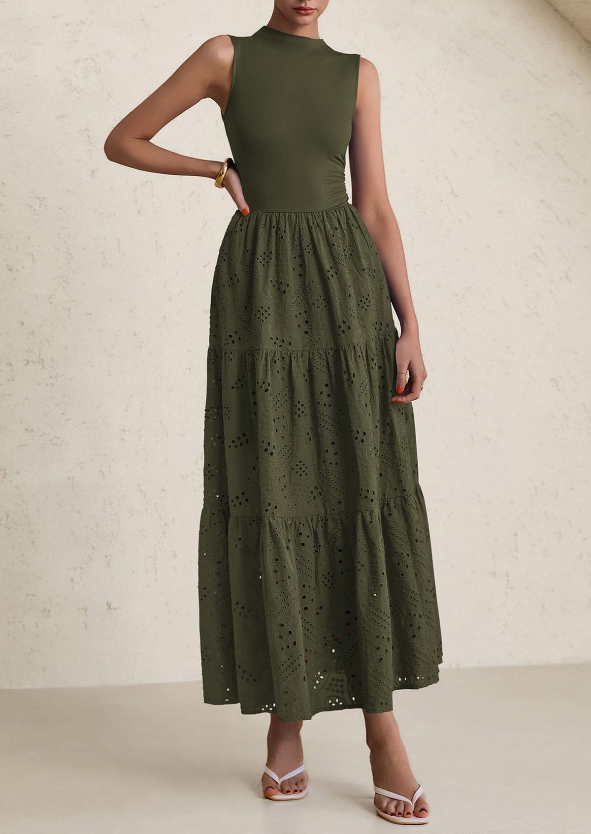 Eyelet Maxi Dress - Sleeveless, Mock Neck, Casual - photo 12