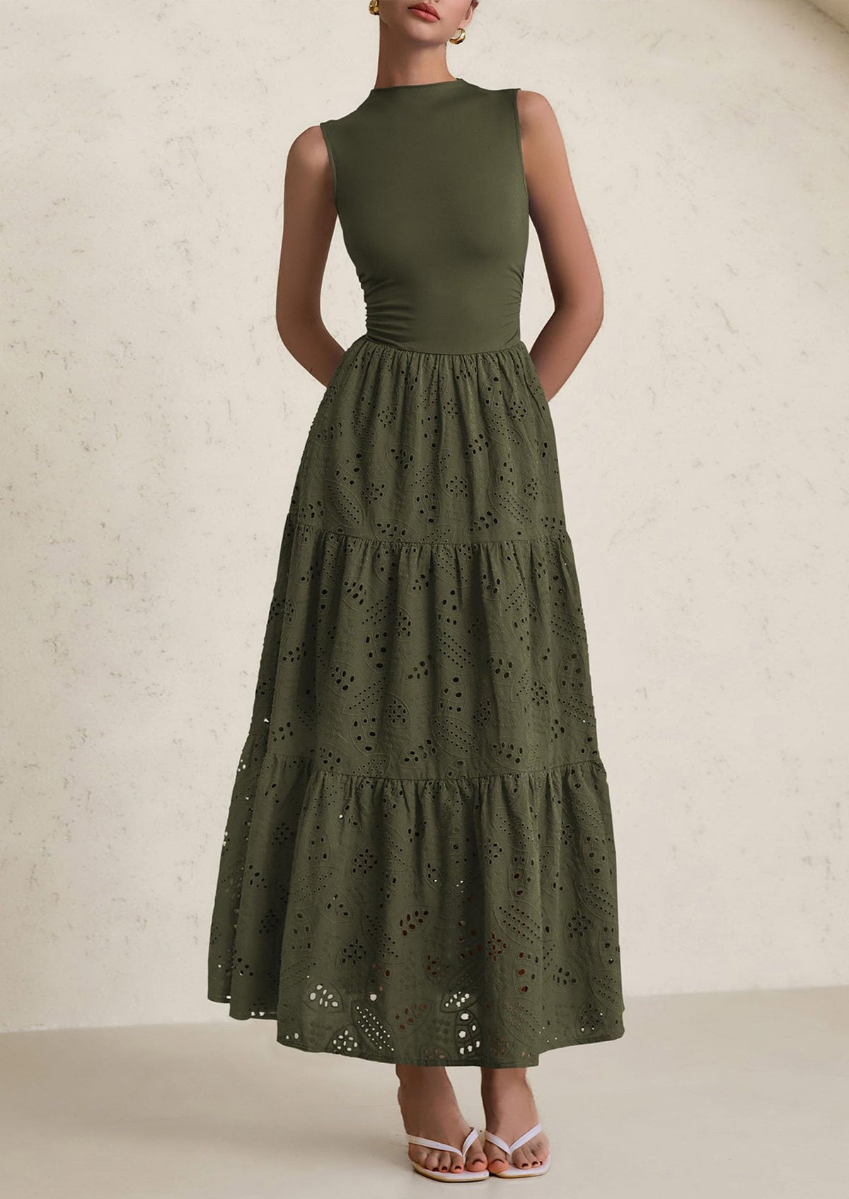 Eyelet Maxi Dress - Sleeveless, Mock Neck, Casual - photo 13