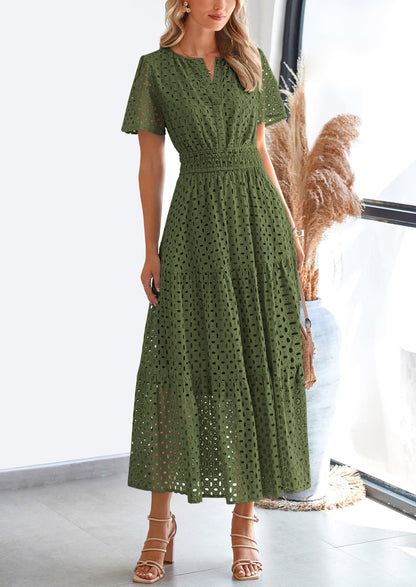 Eyelet A-Line Flowy Maxi Dress - Short Sleeve, V-Neck, Beach - photo 10