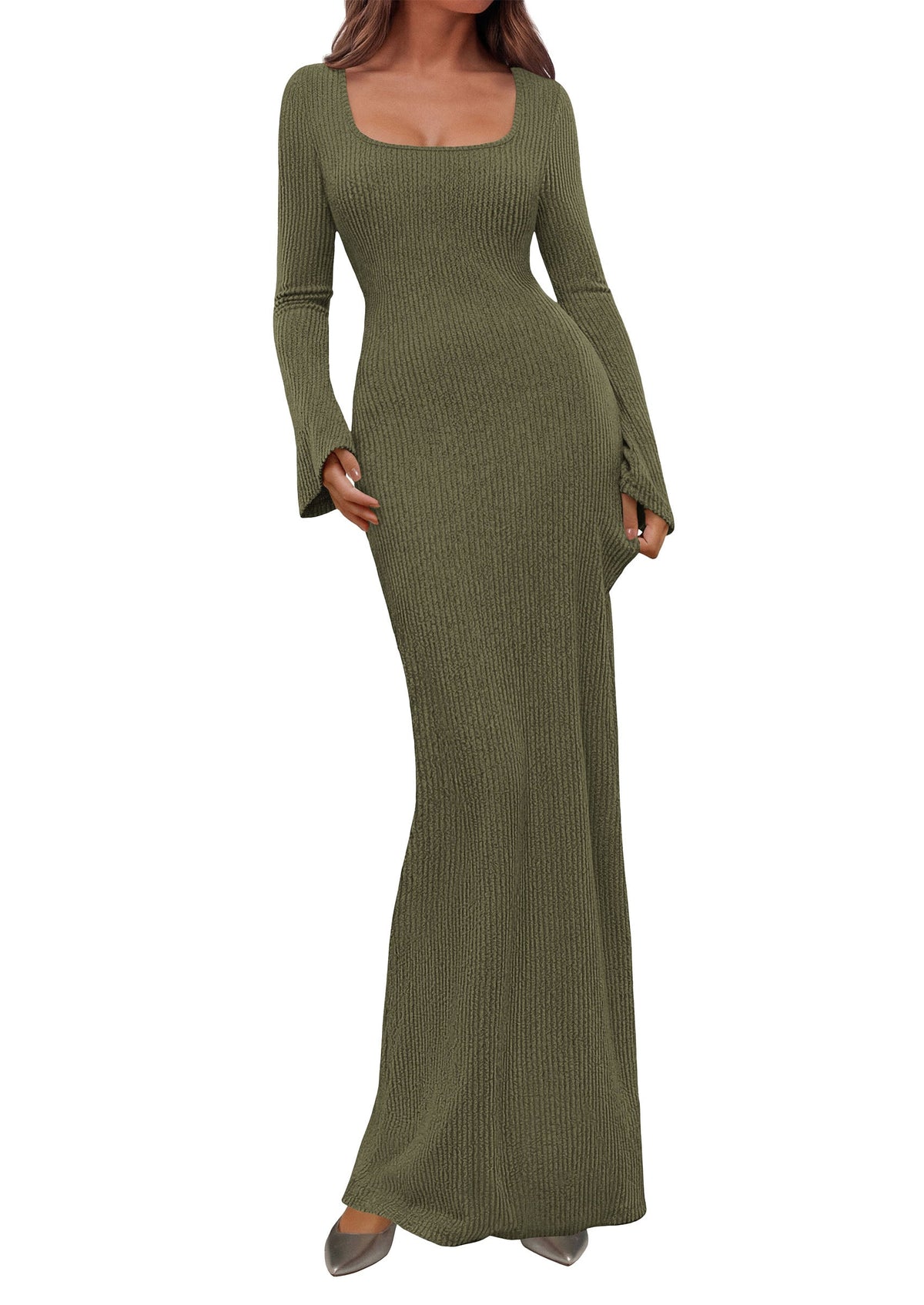 Ribbed Knit Bodycon Mermaid Maxi Dress - Long Sleeve, Square - Photo 7