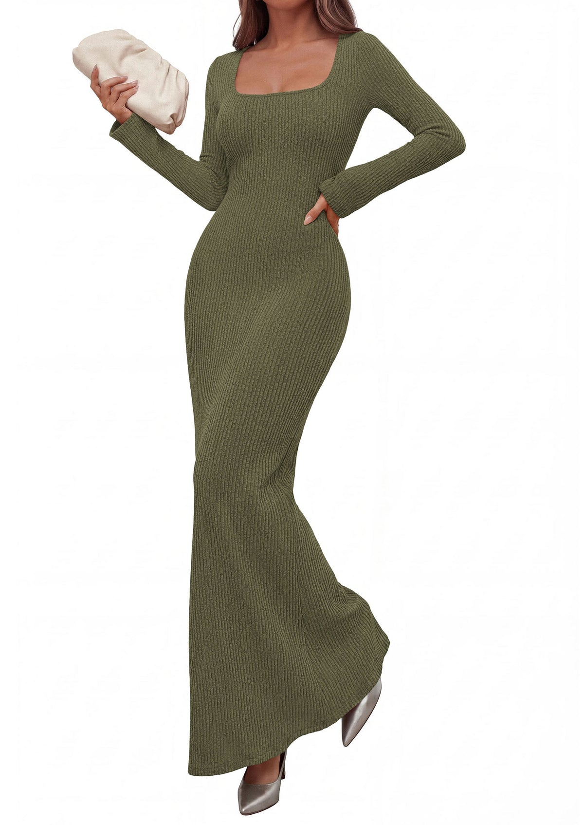 Ribbed Knit Bodycon Mermaid Maxi Dress - Long Sleeve, Square - Photo 8