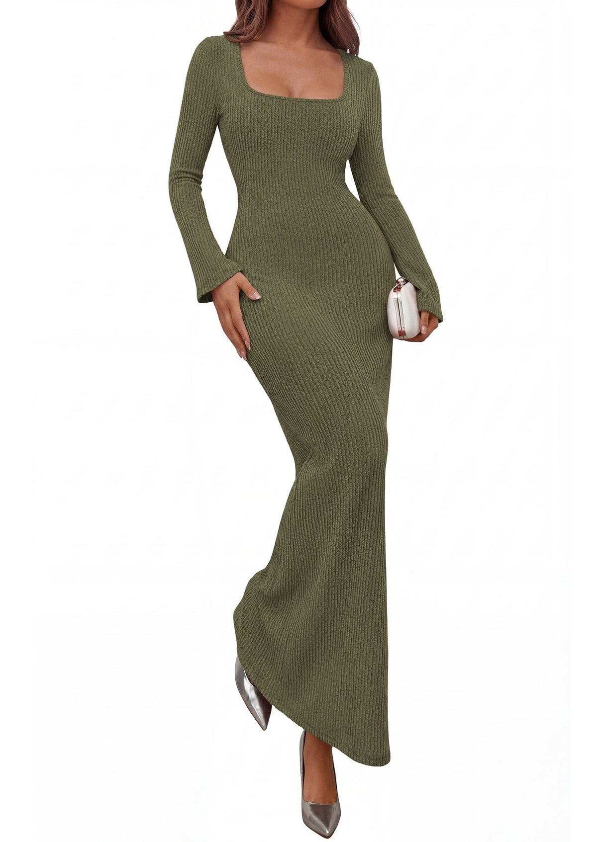 Ribbed Knit Bodycon Mermaid Maxi Dress - Long Sleeve, Square - Photo 9