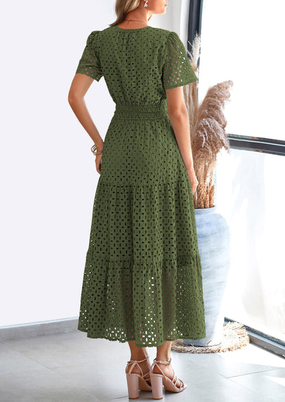 Eyelet A-Line Flowy Maxi Dress - Short Sleeve, V-Neck, Beach - photo 8