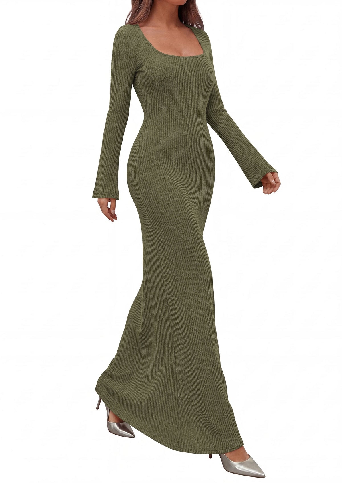 Ribbed Knit Bodycon Mermaid Maxi Dress - Long Sleeve, Square - Photo 10