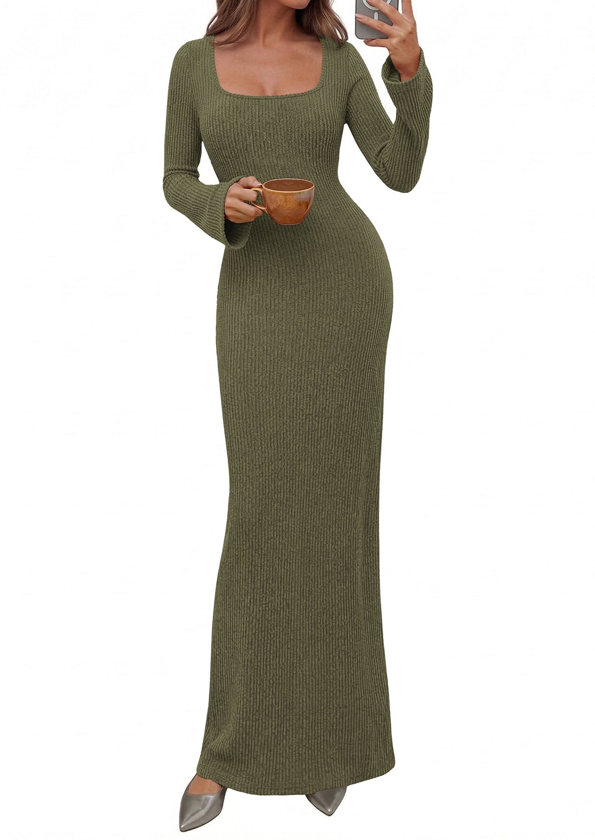 Ribbed Knit Bodycon Mermaid Maxi Dress - Long Sleeve, Square - Photo 11