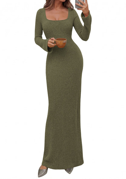 Ribbed Knit Bodycon Mermaid Maxi Dress - Long Sleeve, Square - Photo 11