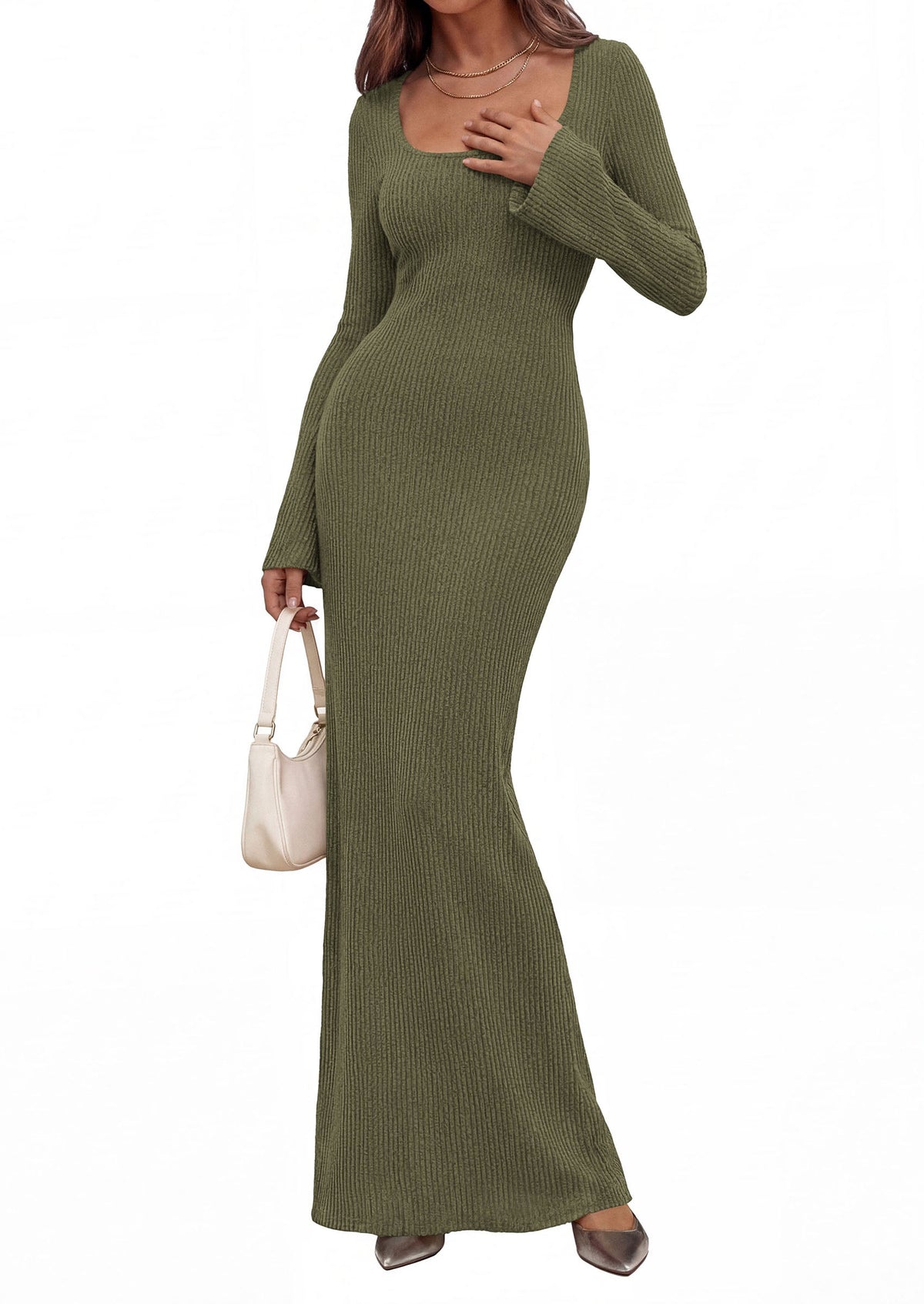Ribbed Knit Bodycon Mermaid Maxi Dress - Long Sleeve, Square - Photo 12