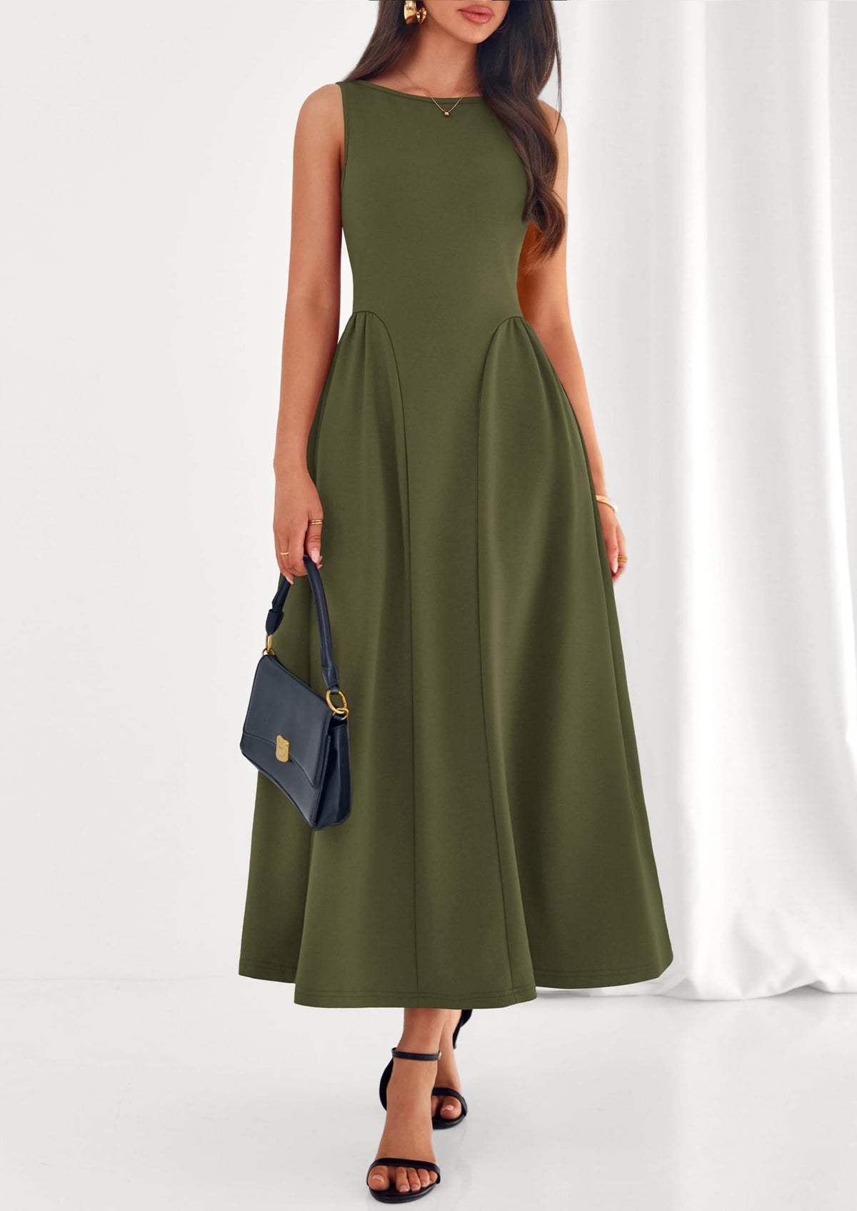 Army Green A-Line Maxi Dress - Sleeveless, Crewneck, Formal - photo 4