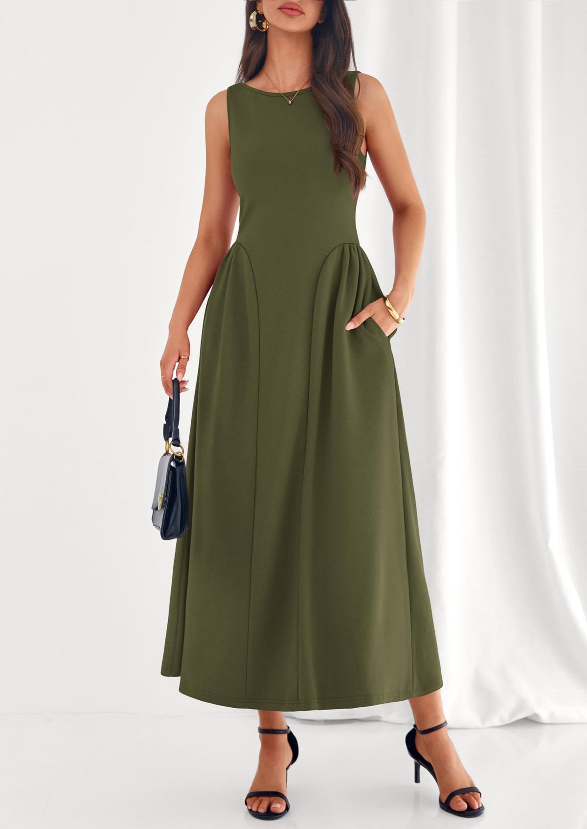 Army Green A-Line Maxi Dress - Sleeveless, Crewneck, Formal - photo 6