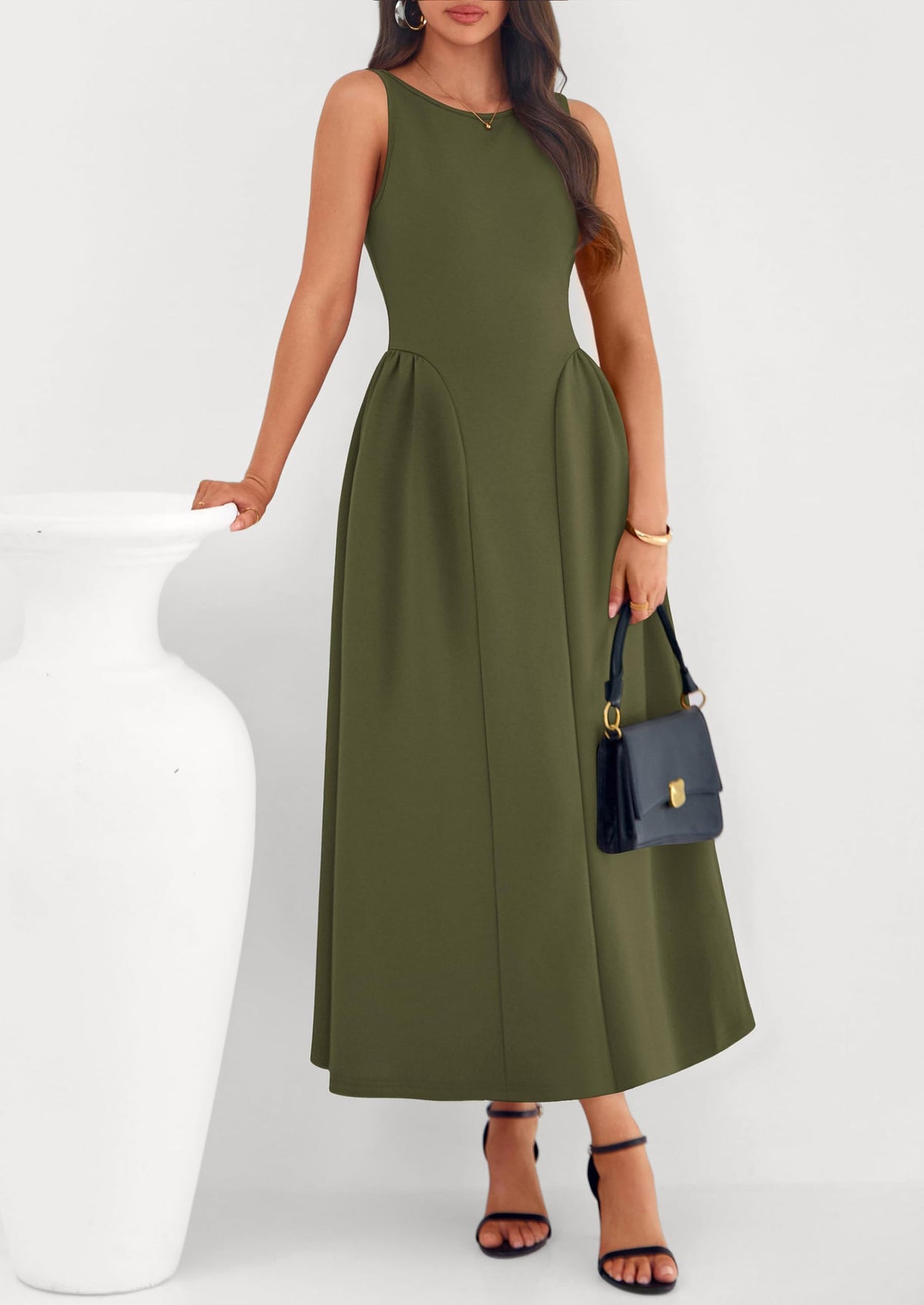 Army Green A-Line Maxi Dress - Sleeveless, Crewneck, Formal - photo 3